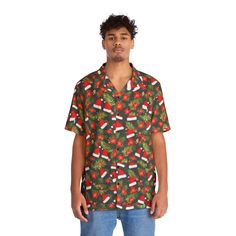 "Looking for a unique and fun way to show your holiday spirit this year? Look no further than our christmas hawaiian shirt! This shirt features tropical designs on a black background, making it perfect for any Christmas celebration. Whether you're spending the holiday in Hawaii or traveling to some other tropical locale, this shirt is sure to bring a little bit of the islands home with you. Plus, with our wide selection of different colors and designs, you're sure to find the perfect shirt for you! Don't wait any longer - order your christmas hawaiian shirt today! Nothing says \"I love summer\" like a Hawaiian shirt. Made to have a boxy fit and a notch lapel collar that are perfect for any laidback scenario, these shirts come with a handy chest pocket and a 95% polyester and 5% spandex fab Black Holiday Shirt, Casual Green Holiday Shirt, Casual Green Shirt For Holiday, Black Short Sleeve Holiday Shirt, Black Short Sleeve Shirt For Holiday, Hawaiian Short Sleeve Top For Holiday, Hawaiian Holiday Top With Short Sleeves, Holiday Tropical Short Sleeve Top, Hawaiian Style Short Sleeve Top For Holiday