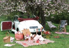 an old car is parked in the grass with picnic blankets and baskets on it's back