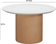 the height of a round table with an oval white top and tan wooden base is shown