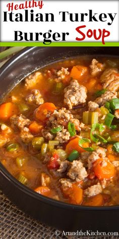 healthy italian turkey burger soup in a black bowl