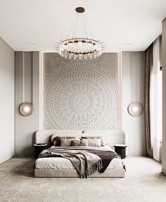 a bedroom with a bed, chandelier and large wall hanging in the background