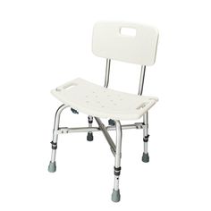 a white shower chair with wheels and back rests on a white background for use as a seat