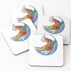 four coasters with an image of a horse riding a surfboard in the ocean