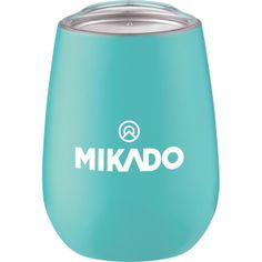 a teal colored wine tumbler with the word mikado on it's side