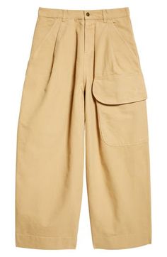 Anderson transplants a blatantly utilitarian cargo pocket onto day-at-the-office twill trousers, nurturing a new hybrid into bloom for the fall '24 season. 32" inseam; 26" leg opening; 15" front rise; 18" back rise (size 48EU) Zip fly with button closure Front slant pockets; back welt pockets; cargo flap-patch pocket 100% cotton Machine wash, line dry Made in Portugal Designer Clothing Utility Cargo Pants For Spring Workwear, Workwear Parachute Pants With Multiple Pockets, Spring Utility Cargo Pants For Workwear, Wide Leg Parachute Pants With Flap Pockets For Work, Wide-leg Parachute Pants With Flap Pockets For Work, Utility Work Pants With Patch Pockets For Spring, Beige Cargo Pants With Pockets For Fall, Baggy Cargo Work Pants For Spring, Baggy Work Pants With Cargo Pockets For Spring