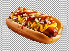 a hot dog with ketchup, mustard and onions