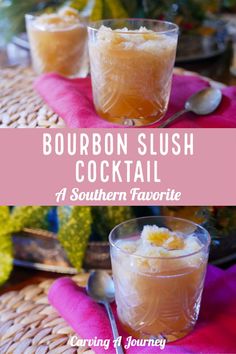 bourbon slush cocktail in two glasses with spoons and pink napkin on the table