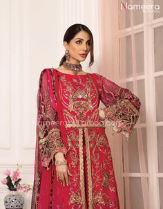 Zara Shahjahan Pakistani Gown Dress in Red Color is a magnificent ensemble and a perfect pick if you are looking for Pakistani Designer Dresses. This Dress has Arabian style that widens its spectrum and imparts a very premium look to the one who styles this Pakistani Gown Dress. Gown: This Pakistani Long Gown in red color comes in premium quality Chiffon fabric. Its body is beautifully handmade. It is adorned with fine embroidery work, Zardosi and iridescent sequins. Golden lace on the body and Pakistani Gown, Wedding Dresses Pakistani, Zara Shahjahan, Pakistani Bridal Dress, Wedding Dresses Indian, Wedding Dress Prices, Wedding Dresses For Kids, Fine Embroidery, Nikkah Dress