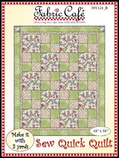 a quilt pattern with the words sew quick quilt in red, white and green