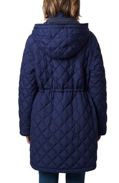 Look forward to the cooler seasons in this diamond-quilted puffer coat boasting lightweight insulation and a roomy removable hood lined with high-pile fleece. 34" length (size medium) Front zip closure with snap storm placket Stand collar; removable drawcord-toggle hood Front patch pockets Internal drawcord waist Lined, with synthetic fill; 100% polyester hood lining 100% recycled polyester Dry clean Imported Hooded Quilted Nylon Outerwear, Quilted Nylon Parka For Cold Weather, Quilted Nylon Hooded Outerwear, Quilted Jacket For Cold Weather, Solid Quilted Jacket For Cold Weather, Hooded Solid Quilted Puffer Jacket, Solid Quilted Hooded Puffer Jacket, Quilted Parka For Cold Weather, Solid Color Hooded Quilted Jacket