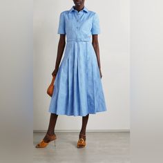 Gucci's Midi Dress Is Cut From Cotton Oxford And Jacquard-Woven With The Label's Iconic Double Gs - You'll Also See Them On The Glossy Buttons. Reminiscent Of Vintage Styles, It Has A Sharp Collar, Detachable Waist Belt And Pleated Midi Skirt. The Light-Blue Hue Will Look So Nice With Metallic Or Neutral Accessories. Fits True To Size, Take Your Normal Size Designed To Be Slightly Fitted At The Bust And Waist, Loose At The Hip Mid-Weight, Non-Stretchy Fabric Model Is 180cm/ 5’11” And Is Wearing Chic Gucci Midi Dress For Workwear, Elegant Gucci Midi Dress For Work, Chic Fitted Gucci Midi Dress, Gucci Fitted Midi Dress, Gucci Formal Midi Dress, Gucci Formal Summer Dresses, Gucci Short Sleeve Spring Dresses, Chic Gucci Midi Dress For Formal Occasions, Gucci Chic Midi Dress For Formal Occasions