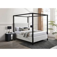 Adalyn White/Black Boucle King Canopy Bed - Ornate Home Four Poster Bed Frame, Queen Canopy Bed, Metal Canopy Bed, Canopy Bed Frame, Black Nightstand, Full Size Bed Frame, Full Bed Frame, Four Poster Bed, Upholstered Panel Bed