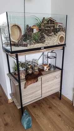 a fish tank sitting on top of a wooden table next to a shelf filled with plants