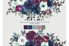 watercolor floral clipart collection in purple, blue and white flowers with text that reads plum & navy