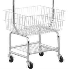 a white wire basket on wheels with the handle extended to it's left side