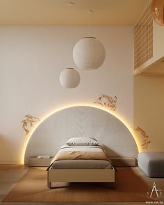 a bed sitting under two lamps in a bedroom