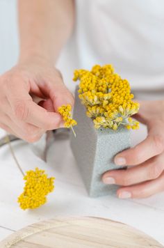 a person is working with yellow flowers on a piece of concrete and some scissors in front of them