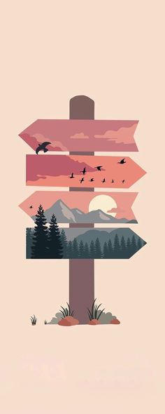 a poster with arrows pointing in different directions and birds flying over the mountain range at sunset