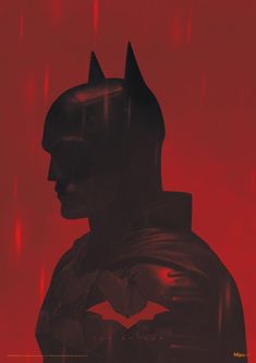 the silhouette of a batman standing in front of a red sky with rain falling down on it