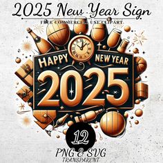 a happy new year sign with an image of barrels and clocks in the center, surrounded by confetti