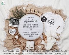 the baby announcement is surrounded by other items