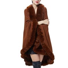 Warm]Lush Fur, Nice Quality And Beautifulyou Will Feel Comfortably Warm.The Faux Fur Poncho Coat Can Easily Keep Warm In Winter And The Classy Elegant Design Suit Any Causal Life. Soft Faux Rabbit Fur Trimming,And Easy To Put On.Substantial Fabric That Is Smooth And Tightly Woven. Material~Size]100% Acrylic.Front Length:35 Cm/13.8".Back Lengthback Length90 Cm/35.4". Open Poncho, Brown Alpaca Winter Cape, Cozy One-size Brown Shawl, Brown Faux Fur Shawl, Brown Alpaca Cape Poncho, Winter Cape-shaped Faux Fur Coat, Faux Fur Shawl, Poncho Coat, Fur Shawl