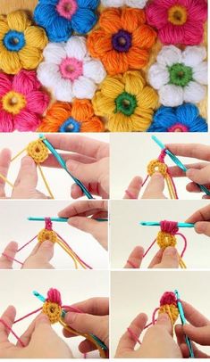 the crochet flower is being worked on by someone using yarn to make it