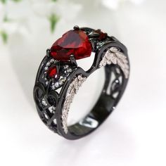 red Devil Ring, Angel Wings Ring, Black Wedding Ring, Wings Ring, Heart Stones, Heart Shaped Engagement Rings, Wing Ring, Angel Wing Ring, Wedding Band Rings