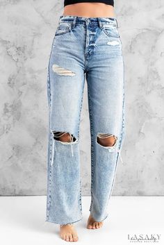 Lasaky - Wide sky blue jeans ripped at the knees Jean Large, Picture Style, Formal Cocktail Dress, Spring Outfits Women, Active Wear Leggings, Acid Wash, Casual Jeans, Raw Edge, Jeans Shorts