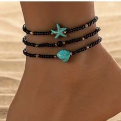 Jewelry | Black Beads Turquoise Ankle Bracelet Starfish | Poshmark Black Beaded Bracelets For The Beach, Casual Black Anklets For Summer, Casual Black Summer Anklets, Black Beaded Bracelets For Summer With Round Beads, Black Beads Summer Beach Jewelry, Black Anklets For Summer Vacation, Summer Beach Jewelry With Black Beads, Black Beaded Jewelry For The Beach, Casual Black Jewelry For Vacation