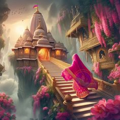 a woman in pink is walking down the stairs to a castle with flowers on it