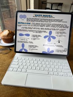 an open laptop computer sitting on top of a wooden table next to a muffin