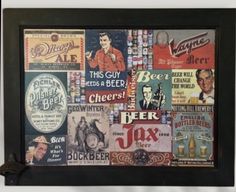 a framed poster with various beer labels on it