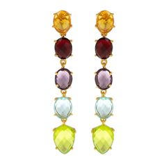 With an individual look and eye-catching elegance these stunning multi gemstone statement earrings are hand crafted in 18ct gold vermeil. The multi coloured vibrancy of the faceted oval and pear drop gemstones makes these earrings your perfect partner and make the perfect statement at any occasion. Consisting of Citrine Quartz, Garnet Quartz, Brazilian Amethyst, Blue Hydro Topaz and Peridot Quartz gemstones in a 4 claw setting and fixed to the ear with a pin and butterfly. With such an array of colours these earrings are perfect for any outfit or skin tone. Blue Topaz is the birthstone for November and the star sign for Scorpio.  The total drop of the earrings is 70mm and a diameter of 8mm at the widest point. All the raw gemstones we use have been selected for their uniqueness and origina Yellow Gold Earrings With Gemstone Accents For Party, Yellow Gold Multi-stone Party Earrings, Party Multi-stone Yellow Gold Earrings, Elegant Yellow Earrings With Natural Stones, Cocktail Earrings, Quartz Gemstones, Claw Setting, Perfect Partner, Gemstone Stud Earrings