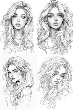 four different views of the head and shoulders of a woman's face, with long hair