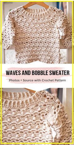 a crocheted sweater is shown with the words waves and bobble sweater on it