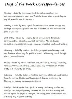 Days Of The Week Correspondences, Witch Things To Do On The First Of The Month, Witch Weekly Schedule, Weekday Magick, Planetary Magick, 3 Days Of Darkness, Witchcraft Meaning, Pagan Magick, Charmed Book Of Shadows