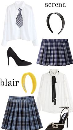 four different types of clothes and shoes for women with the words,'serena blair '