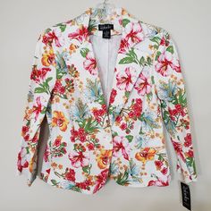 Condition: Brand New, Perfect Condition. Tags Still Attached Featuring: White Background With Pink, Green, Yellow & Blue Floral Pattern. Fabric Is A Stretchy Combination Of Cotton & Spandex 2 Front Pockets, 1 Button Closure, Cuffed Sleeves. Size 8 Approx. Flat Measurements Length: 21 Chest: 18 Sleeve: 19 The Item In The Photos Is The Exact Item You Are Buying No Smoke Or Pets. Ships Out Within One Business Day Open To All Offers And Questions Tailored Floral Print Spring Outerwear, Tailored Floral Print Outerwear For Spring, Floral Print Cotton Blazer For Work, Casual Floral Print Blazer, Spring Multicolor Cotton Blazer, Spring Cotton Blazer With Floral Print, Spring Cotton Floral Print Blazer, Spring Floral Print Cotton Blazer, Summer White Blazer With Floral Print