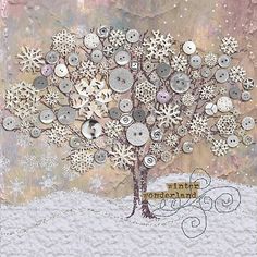 a button tree with snowflakes and buttons on it's branches is featured in this mixed media collage