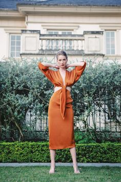 Cutout waist silk dress Bridesmaid dress Long sleeve midi | Etsy Orange Silk V-neck Dress, Orange V-neck Midi Dress For Evening, Orange Silk Dress For Formal Occasions, Formal Orange Silk Dress, Silk Midi Dress For Casual Occasions, Elegant Orange Midi Dress For Evening, Elegant Orange Midi Evening Dress, Elegant Long Orange Dress, Elegant Orange Long Dress