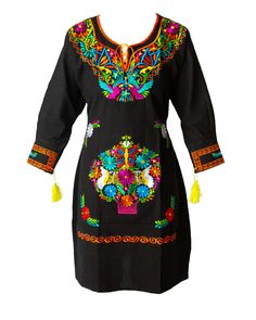 "Women's Knee-Length Fino #3 Mexican Dress - Black Features beautiful colorful tassels on the end of the sleeves. Please note the color of the tassels varies from dress to dress. - Beautiful embroidery - Fiesta attire - Poly/Cotton Blend Measurements: Small: Bust: 34-36\" -- Length: 35\" Medium: Bust: 36-38\" -- Length: 37\" Large: Bust: 40-42\" -- Length: 38\" X-Large: Bust: 44-46\" -- Length: 39\" XXL: Bust: 47-48\" -- Length: 39\" 3XL: Bust: 50-52\" -- Length: 39\" 4XL: Bust: 54-56\" -- Lengt Mexican Dresses For Women, Puebla Dress, Traditional Mexican Dress, Mexico Fashion, Mexican Embroidered Dress, Latino Art, Fiesta Dress, Mexican Fashion, Mexican Dress