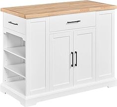 a white kitchen island with butcher block top on casteors and wheels is shown against a white background