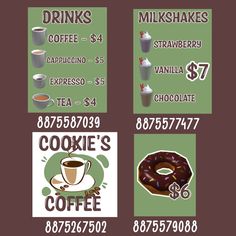 the menu for coffee and doughnuts is shown in four different colors, including green