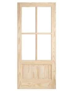 a wooden door with four panes on the front and side panels, all in light wood