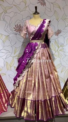 Ghagra Saree Designs, Pattu Saree Lehanga Design, Pastel Pattu Lehenga, Indian Wedding Sarees For Guests, Sarees For Half Saree Function, Red Colour Half Saree Designs, Jahnavi Kapoor Half Sarees, Banaras Langa Voni Half Saree, Patty Half Sarees