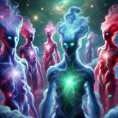 three alien like creatures standing in front of a star filled sky with bright green eyes