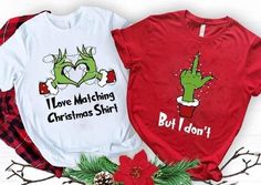 Green guy couple Tshirts  I love matching Christmas shirts Funny Matching Christmas Shirts, Funny Christmas Shirts For Couples, Couples Christmas Shirts, Grinch Christmas Sweater, Christmas Sweater Funny, Grinch Shirts, Couples Shirts, Merry Grinchmas, Matching Christmas Shirts