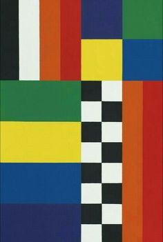 an abstract painting with multicolored squares and lines in black, white, yellow, red, green, blue