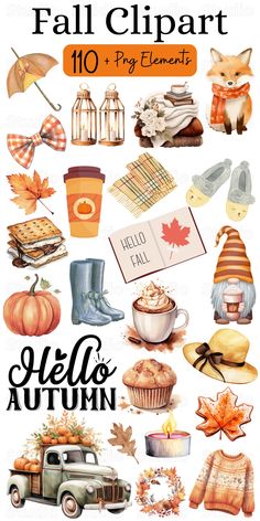 the fall clipart is shown with autumn items